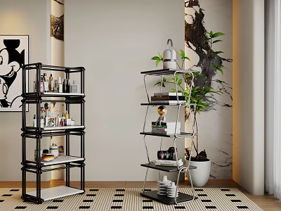 Modern Black Multi Tiered Shelving Units With Books Dishes And Potted Plant On Geometric Rug 3d model