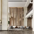 Modern Hotel Lobby With Marble Walls Front Desk Revolving Door And Floor to Ceiling Windows