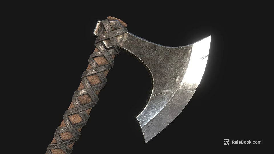 Metal Axe With Leather Wrapped Wooden Handle And Sharp Blade Design 3d model 