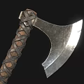Metal Axe With Leather Wrapped Wooden Handle And Sharp Blade Design