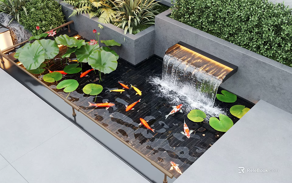 Elegant Water Fountain With Koi Fish And Lotus Leaves In Garden 3d model 