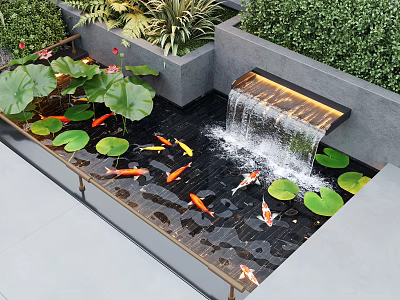 Elegant Water Fountain With Koi Fish And Lotus Leaves In Garden 3d model