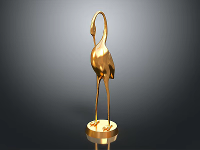 Golden Crane Sculpture With Shiny Surface And Circular Base On Dark Background 3d model