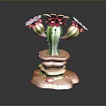 Green Cactus with Pink and Red Flowers on Orange Layered Stone Base