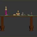 Wooden Table With Green Tabletop And Colorful Models Pink Tower Yellow Castle And Green Figure