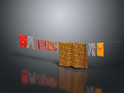 Colorful Patterned Clothes Hanging On Clothesline With Reflection Against Gray Background 3d model
