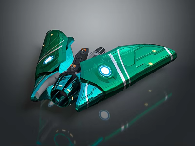 Futuristic Green Sci Fi Spaceship Model With Glowing Lights And Sleek Wing Structure 3d model
