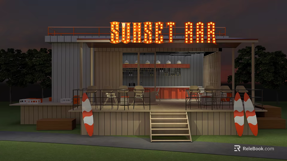 Sunset Liquor Store Featuring Neon Sign Outdoor Patio Tables And Surfboard Decor 3d model 