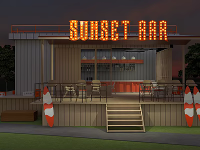 Sunset Liquor Store Featuring Neon Sign Outdoor Patio Tables And Surfboard Decor 3d model