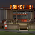 Sunset Liquor Store Featuring Neon Sign Outdoor Patio Tables And Surfboard Decor