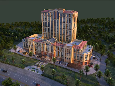 Aerial Planning of Modern Multistory Building with Greenery Palm Trees Road and Parking Area 3d model
