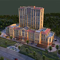 Aerial Planning of Modern Multistory Building with Greenery Palm Trees Road and Parking Area
