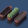 Three Brown Rectangular Pots With Green Bonsai Plant And Soil 3d model