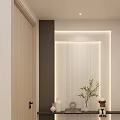 Modern Entryway Hallway With Lighted Ribbed Wall Wooden Doors Decorative Countertop Plants And Decor Items