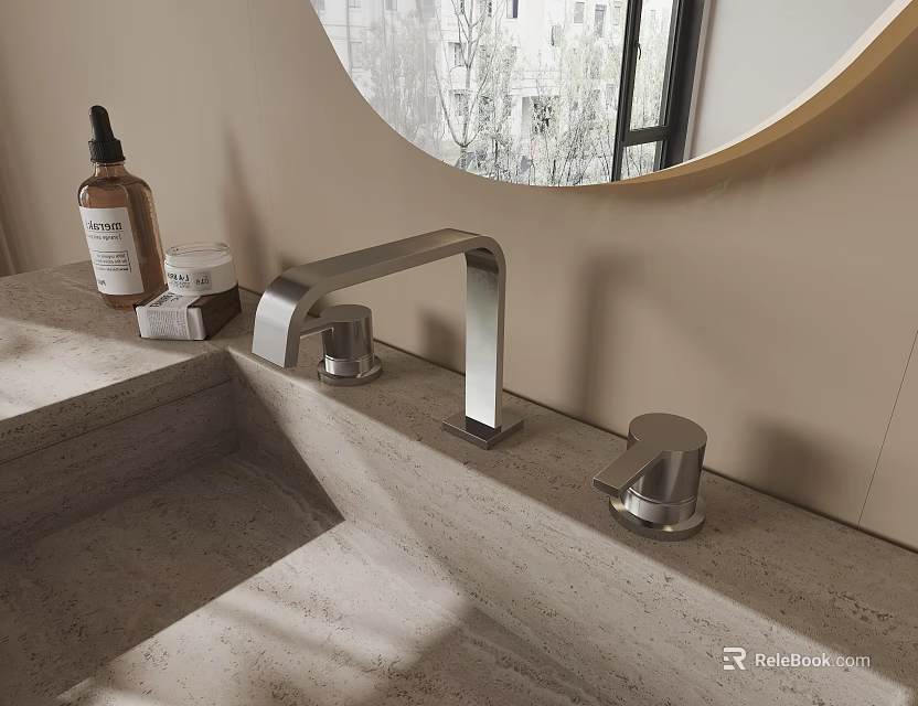Modern Bathroom Faucet On Concrete Countertop With Round Mirror And Skincare Products 3d model 