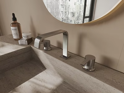 Modern Bathroom Faucet On Concrete Countertop With Round Mirror And Skincare Products 3d model