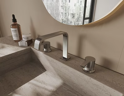 Modern Bathroom Faucet On Concrete Countertop With Round Mirror And Skincare Products 3d model