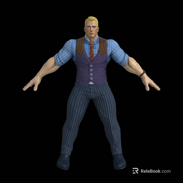 Muscular Male Game Character In Blue Shirt Purple Vest And Striped Pants With Arms Outstretched 3d model 