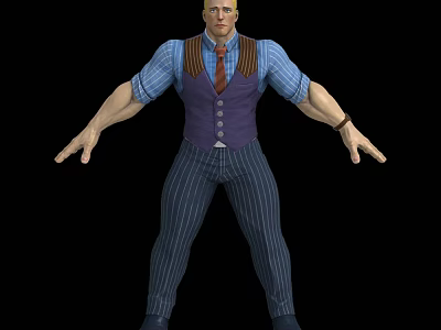 Muscular Male Game Character In Blue Shirt Purple Vest And Striped Pants With Arms Outstretched 3d model