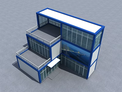 Modern Roadside Facility With Multi Level Container Structure Blue White Frame Balcony And Glass Windows 3d model