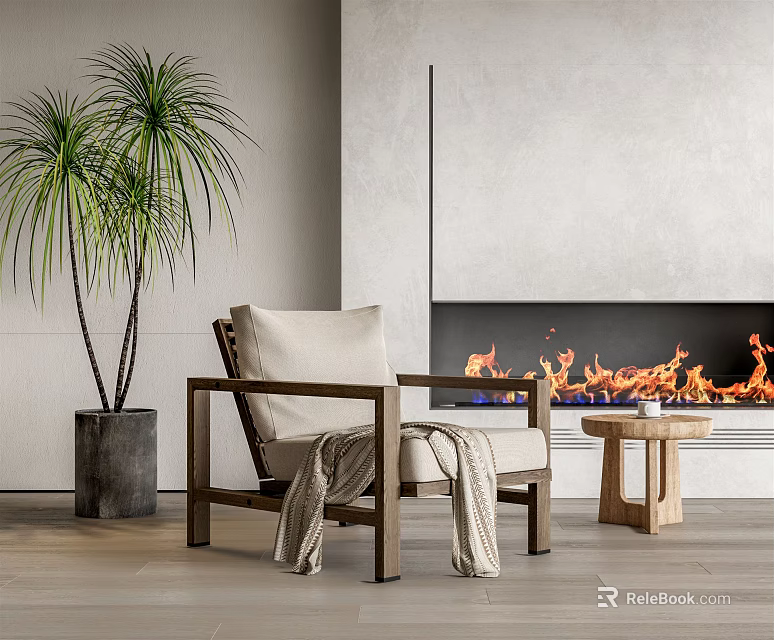 Light Cushioned Accent Chair With Blanket By Fireplace Flames Palm Trees And Wooden Side Table 3d model 