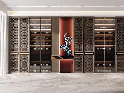 Modern Wine Cabinet With Glass Doors Red Accent Wall And Decorative Ornaments 3d model