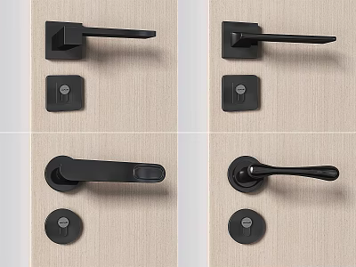 Modern Black Door Handles With Various Stylish Designs On Light Wood Door Panels 3d model