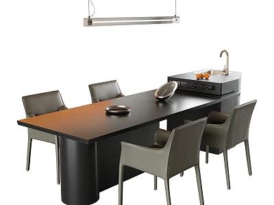 Modern Black Dining Table With Gray Chairs And Pendant Light In Kitchen Area 3d model