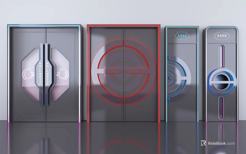 Futuristic Double Doors with Geometric Patterns LED Light Rings and Control Panels for Modern Entrance 3d model 