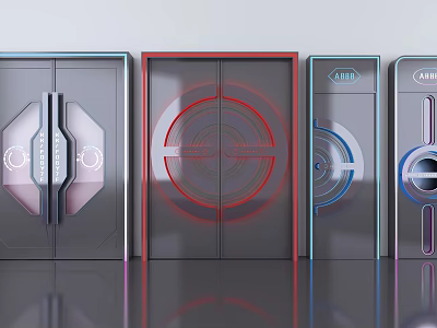 Futuristic Double Doors with Geometric Patterns LED Light Rings and Control Panels for Modern Entrance 3d model