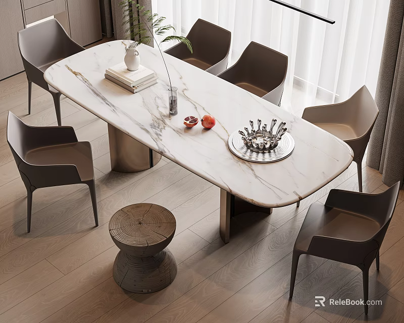 Modern Oval Marble Dining Table Set With Six Grey Chairs And Decorative Items 3d model