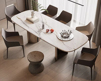 Modern Oval Marble Dining Table Set With Six Grey Chairs And Decorative Items 3d model