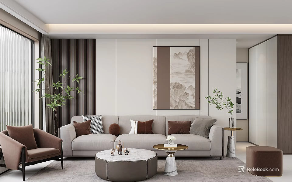 Modern Living Room Interior With Beige Sofa Landscape Painting And Green Plants 3d model 