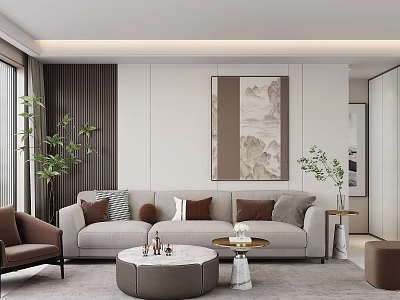 Modern Living Room Interior With Beige Sofa Landscape Painting And Green Plants 3d model
