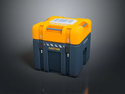 Sturdy Yellow And Gray Utility Storage Box With Caution Label And Secure Handles 3d model