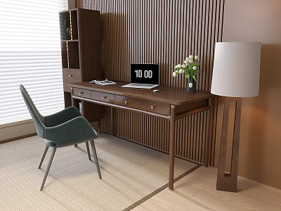Modern Wooden Desk With Laptop Papers Green Chair And White Floor Lamp Near Striped Wall 3d model