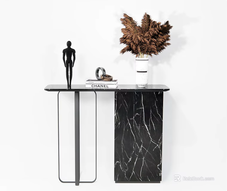 Modern Console Table With Black Marble Top Metal Frame And Pampas Grass Decor 3d model