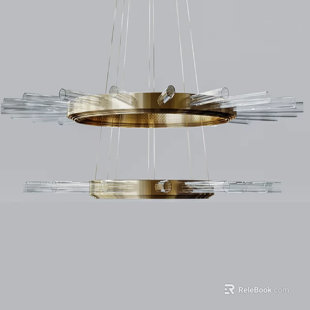 Modern Gold Metal Chandelier With Two Tier Circular Frame And Transparent Glass Hanging Rods 3d model 
