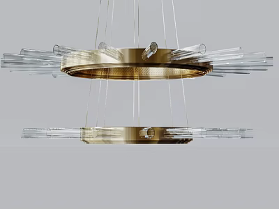 Modern Gold Metal Chandelier With Two Tier Circular Frame And Transparent Glass Hanging Rods 3d model