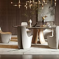 Elegant Modern Restaurant Interior With Wooden Walls Chandelier Round Dining Table And White Chairs