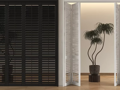 Modern Black and White Louvered Folding Doors in Interior Design with Potted Plant 3d model