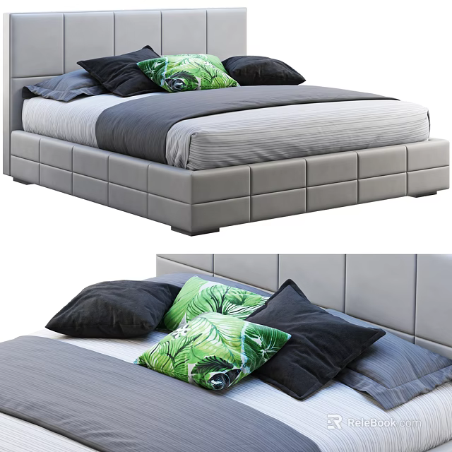 Modern Upholstered Double Bed With Gray Frame Black And Green Leaf Pattern Pillows 3d model