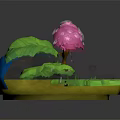 Cartoon Scene With Green Grass Blue Waterfall And Pink Cherry Blossom Tree