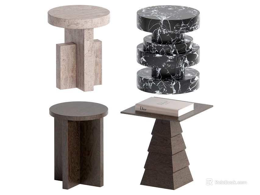 Four Stylish Side Tables With Wooden Marble Round Top And Stacked Column Bases 3d model 