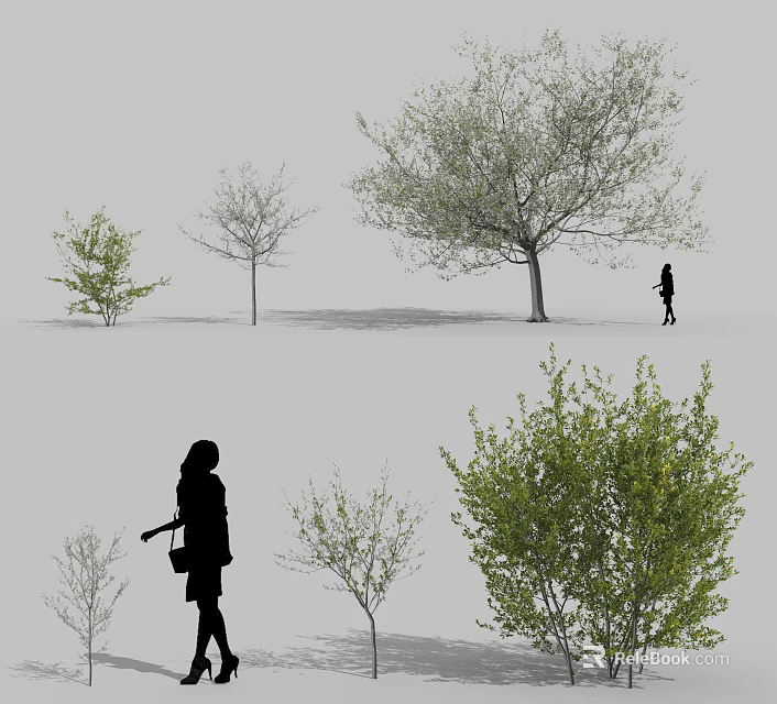 Arbor Trees of Different Sizes with Green Foliage and People Silhouettes 3d model 