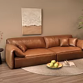 Modern Double Sofa Leather Double Sofa Side Vegetable Potted Hanging Picture Round Carpet 3d model