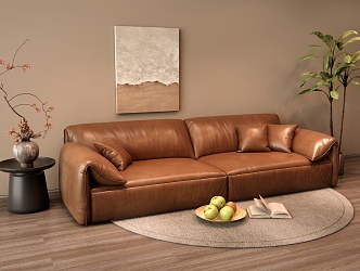 Modern Double Sofa Leather Double Sofa Side Vegetable Potted Hanging Picture Round Carpet 3d model