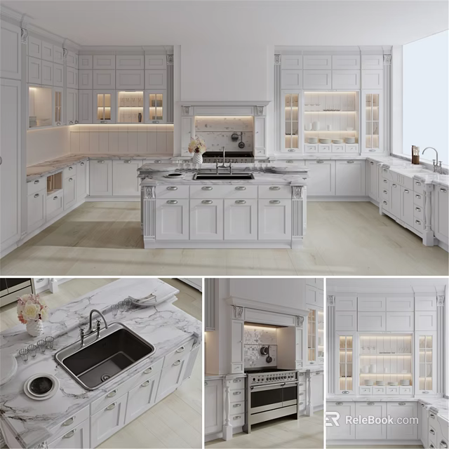 Modern White Kitchen With Glass Door Cabinets And Marble Island 3d model 