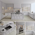 Modern White Kitchen With Glass Door Cabinets And Marble Island