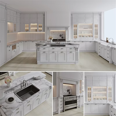 Modern White Kitchen With Glass Door Cabinets And Marble Island 3d model